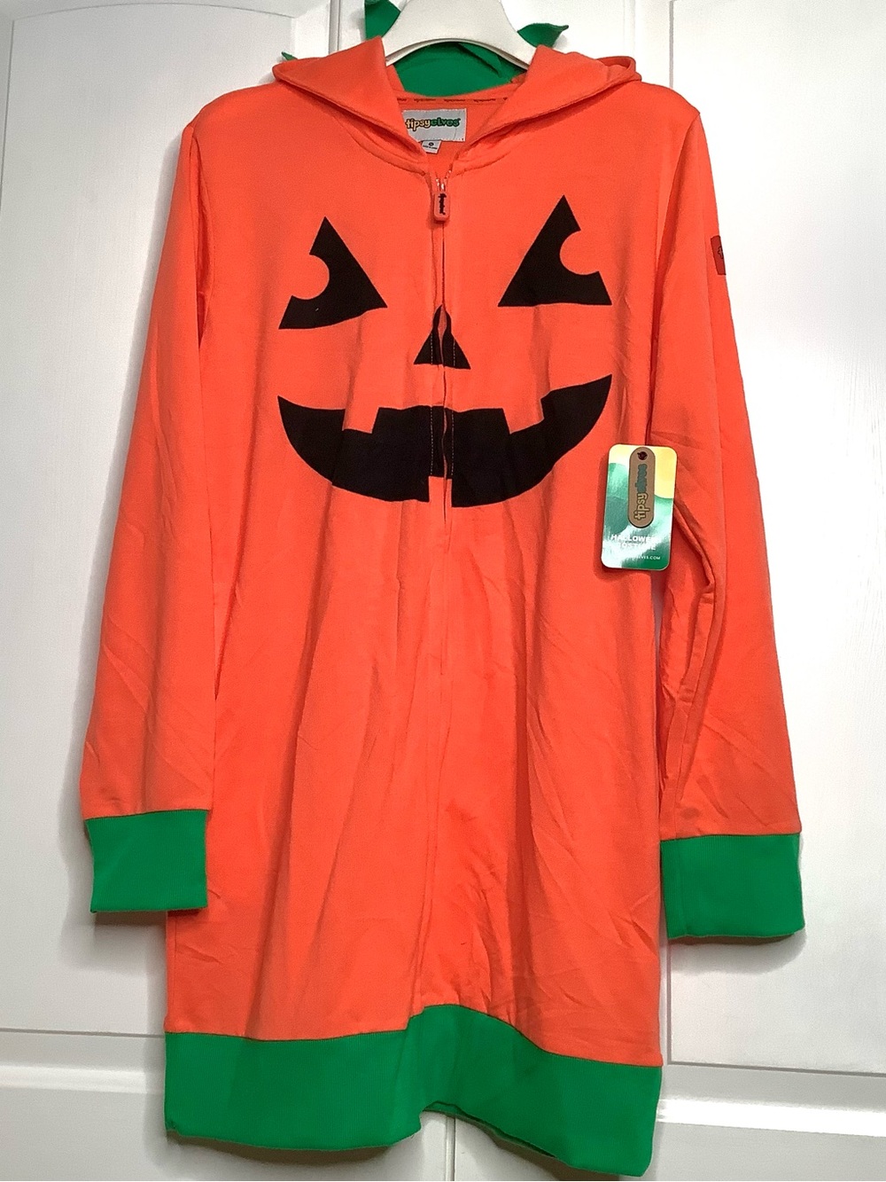 TIPSYELVES Women’s XL Orange Pumpkin Face Hooded Dress Trimmed In Green